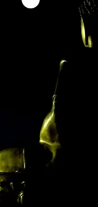 This phone live wallpaper features a striking bronze sculpture of a person in low light with golden lighting