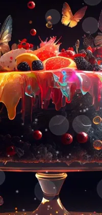 This phone live wallpaper features a digital art cake on a glass plate with vibrant colors perfect for amoled wallpaper