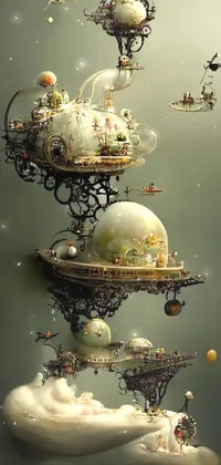 This live wallpaper features a charming scene of floating objects in the air, displaying intricate artwork inspired by mandelbulb architecture