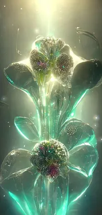 This phone live wallpaper features a mesmerizing design of a glass vase with a glowing delicate flower, surrounded by glittering multiversal ornaments