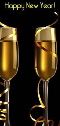 This phone live wallpaper displays two wine glasses filled with golden champagne on a digital rendering