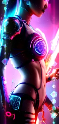 This live wallpaper features a cyberpunk-inspired artwork of a futuristic woman holding a high-tech gun
