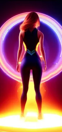 This mobile wallpaper features a slim female in front of a neon circle, presented in a digital art style