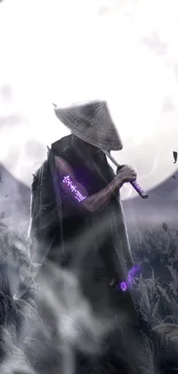 This phone live wallpaper features a shaman standing in a field before a full moon, rendered in 3D