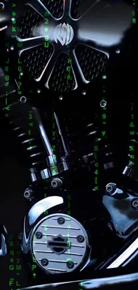 This phone live wallpaper showcases an up-close view of a motorcycle's engine with high contrast colors and photorealistic details