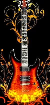 This phone live wallpaper boasts a striking electric guitar with blazing flames set against a sleek black background