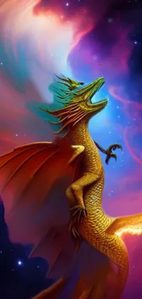 This phone live wallpaper features a breathtaking gold-hued dragon flying through the sky with impressive grace and strength