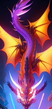 This mesmerizing phone live wallpaper showcases a stunning concept art of a regal purple dragon soaring over a nighttime city skyline