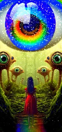 This phone wallpaper features a striking and colorful artwork of a woman standing in front of a rainbow eye