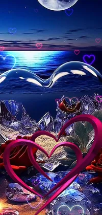 This live wallpaper depicts a stunning glass heart resting on a sandy beach with a scenic background of dark blue and red