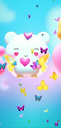 Get this beautiful live wallpaper featuring a pearly white teddy bear holding onto a heart-shaped balloon among colorful balloons and butterflies