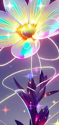 This phone live wallpaper features a stunning close-up of a highly-detailed flower adorned with a glowing neon bow, surrounded by whimsical butterflies and sunrays