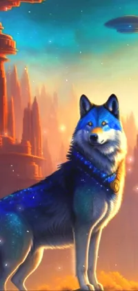 This stunning live wallpaper features a magnificent painting of a fierce wolf standing atop a hill