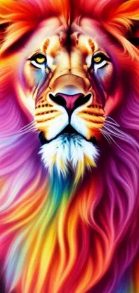 This phone live wallpaper features a stunning, colorful vector art painting of a majestic lion set against a black background