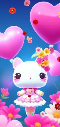 This colorful and vibrant live wallpaper features a charming cat standing amidst a field of flowers, surrounded by fluttering butterflies and a floating balloon