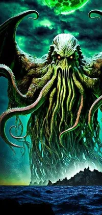 This unique live wallpaper features a giant octopus sitting on top of a body of water, inspired by Lovecraftian themes