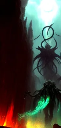 This phone live wallpaper features a terrifying demon in a cave, inspired by Lovecraft's horror stories