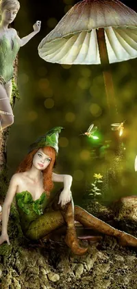 This phone live wallpaper features fairy figurines sitting on a tree, with greenish lighting, inspired by digital art