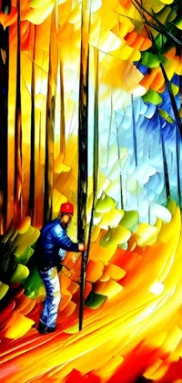 This phone live wallpaper features a colorful depiction of a man walking through a vibrant forest