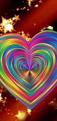 This phone live wallpaper showcases a radiant rainbow heart encircled by starry lights on a vibrant, high-resolution, multicolored background