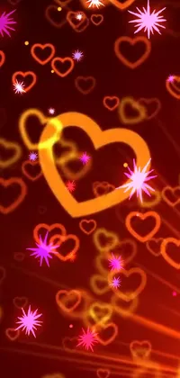 This live wallpaper features a romantic ambiance with flying hearts in various shades of pink and red against an orange glow