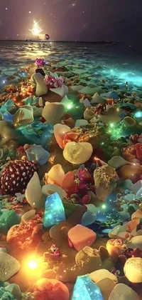 This phone live wallpaper features a mesmerizing scene of weathered rocks on a sandy beach accompanied by glowing crystals, colorful coral reef, scattered candies, and serene ocean waves