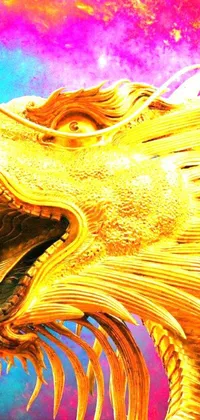 Enjoy the beauty of a majestic golden dragon with its mouth open in this stunning phone live wallpaper