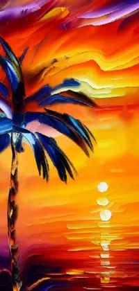 Immerse yourself in a tropical paradise with this phone live wallpaper featuring a stunning palm tree at sunset