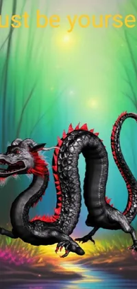 This phone live wallpaper depicts a stunning dragon in a mystical forest