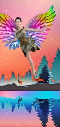 This live wallpaper showcases a stunning digital rendering of a woman with rainbow wings soaring through the air next to a glimmering body of water