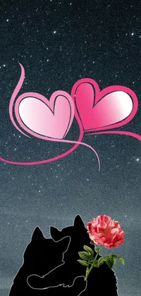 This digital live wallpaper features a delightful couple of cats nestling under a starry night sky filled with blossoming flowers and sweet hearts