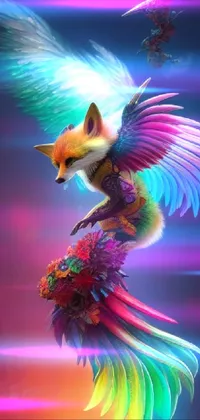 This stunning phone live wallpaper features a vibrant digital art of a flying fox with colorful wings surrounded by a variety of charming, colorful birds