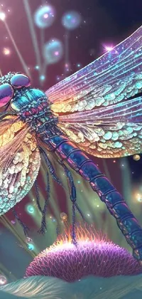 This phone live wallpaper features a stunning image of a dragonfly perched on a beautiful purple flower, surrounded by rainbow fireflies