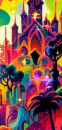 This live wallpaper is a vibrant airbrush painting of a colorful castle surrounded by lush green trees