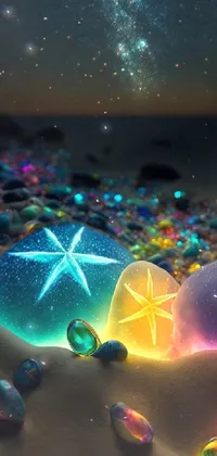 This live wallpaper features sea glass on a sandy beach with glowing neon vray animation and sparkling sand