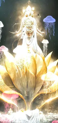 This stunning phone live wallpaper features a serene woman sitting atop a large flower, exuding a white glowing aura