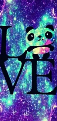 Looking for a playful phone wallpaper that's sure to brighten up your screen? Check out this adorable design featuring a cute panda bear holding a heart against a colorful space nebula background! The bold, bright colors perfectly capture the fun, whimsical style of Tumblr, while the floating "love" bubble adds a touch of glittery charm