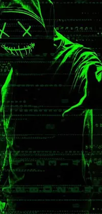 This live phone wallpaper showcases a hooded figure in a green dress and black hood, standing in front of a computer screen displaying ASCII art and green eerie lights
