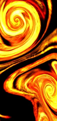 This live phone wallpaper showcases a captivating close-up of a abstract painting of a surfer on their board, emanating swirls of fiery yellow tones set against a black backdrop