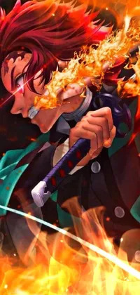 This phone live wallpaper features a digital art image of a man holding a sword in front of a fiery background