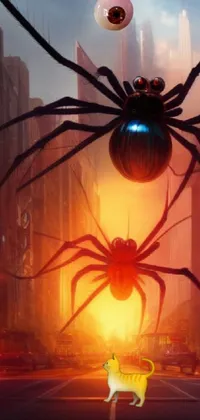 This mesmerizing live phone wallpaper showcases a breathtaking digital art scene of a black widow spider and cat strolling down a city street