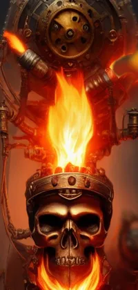 This phone LIVE wallpaper features a steampunk inspired skull with flames emanating from its helmet