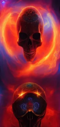 This live phone wallpaper depicts two intricately detailed skulls surrounded by a red nebula of stars and suns