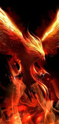 This phone live wallpaper features an ultra-realistic, stunning design of a fiery red and orange fire bird on a black background, bursting out of the screen with power and motion