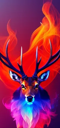 This phone live wallpaper features an exquisite digital art illustration of a deer's head with a fiery background, showcasing vibrant and deeply saturated colors