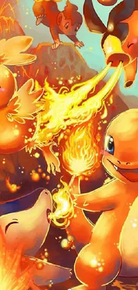 The phone live wallpaper depicts a group of pixelated Pokemon, including Charmander, playing with fire