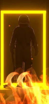 This phone live wallpaper depicts a person in a yellow space suit standing in front of an open door with volumetric lighting