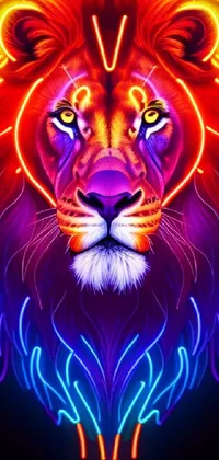 This neon lion head live phone wallpaper features vibrant colors on a black background, creating a stunning contrast