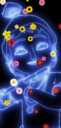 This lively phone live wallpaper showcases a vibrant drawing of a man wearing a crown of flowers, surrounded by colorful and glowing instruments
