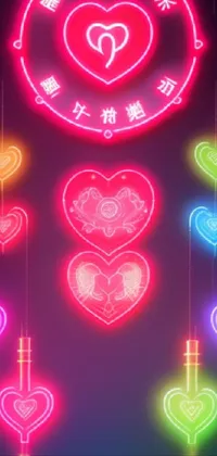 This phone live wallpaper features stunning neon hearts hanging from strings in a cyberpunk art style